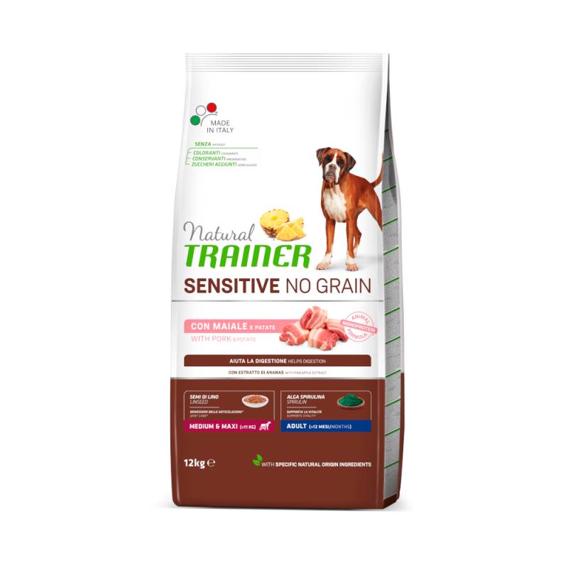 2 x 7 kg / 12 kg Natural Trainer Sensitive zum Sonderpreis! - No Grain Adult Med/Maxi mit Schwein & Kartoffeln (2 x 12 kg) von Trainer Natural Sensitive