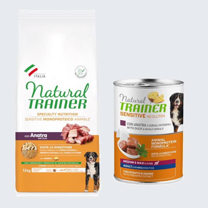 Natural Trainer Sensitive + passendes Nassfutter gratis! - 12 kg Adult Medium & Maxi mit Ente + 400 g Ente & Vollkorngetreide von Trainer Natural Sensitive