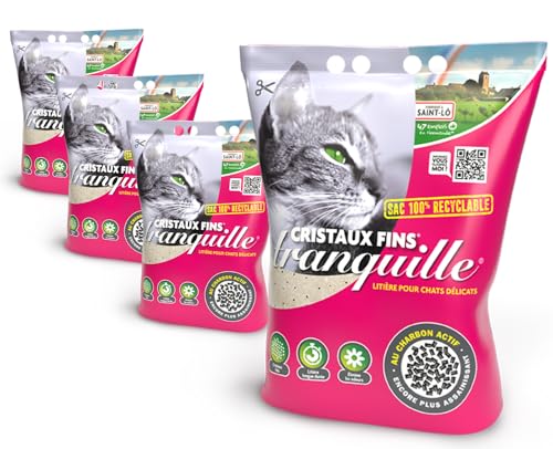 TRANQUILLE - Katzentoilette Silizium mit feinen Kristallen + Aktivkohle – Ultra saugfähig & geruchshemmend – Set mit 4 x 3,70 l – hygienische Katzenstreu ohne Staub – Komfort für Katzen & innere von Tranquille