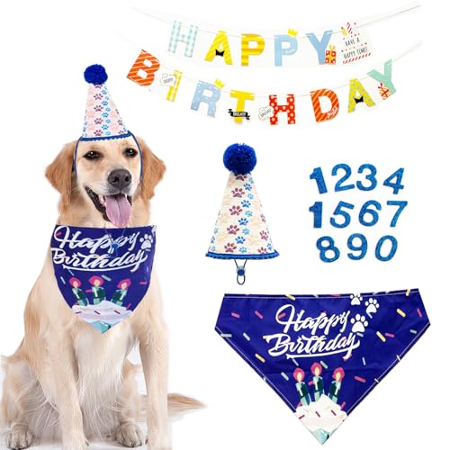 Geburtstagsparty-Zubehör für Hunde, Junge und Mädchen, mit Zahlen, Hundewelpe, Geburtstagstuch, Bandana, Hut, Schleife, Set für mittelgroße und große Hunde (groß, Rosa) (Königsblau, klein) von Treasborn