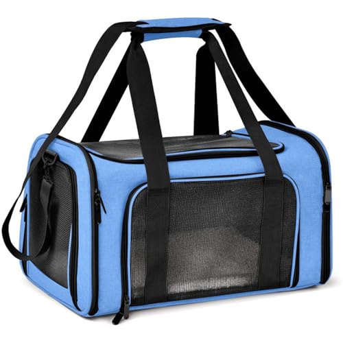 Treer Transporttasche für Haustiere, Transportbox für Hunde & Katzen, Faltbar Haustiertransportbox Einfache Leichte Reise Tragetasche Für Reisen im Flugzeug, Auto oder Zug (40x25x25CM,Blau) von Treer