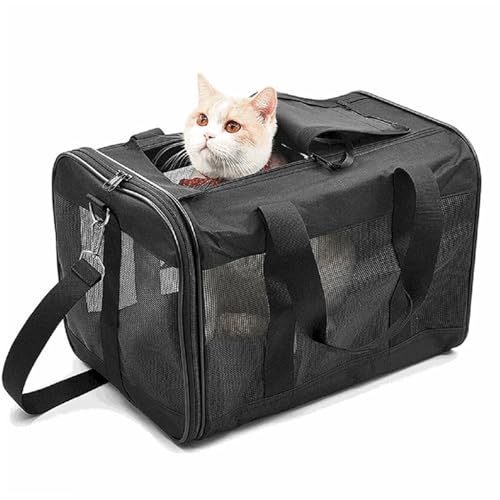 Treer Transporttasche für Haustiere, Transportbox für Hunde & Katzen, Faltbar Haustiertransportbox Einfache Leichte Reise Tragetasche Für Reisen im Flugzeug, Auto oder Zug (42x28x28CM,Schwarz) von Treer