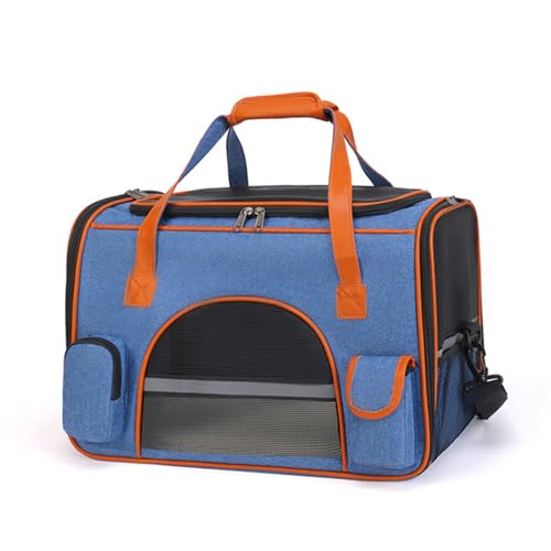 Treer Transporttasche für Haustiere, Transportbox für Hunde & Katzen, Faltbar Haustiertransportbox Einfache Leichte Reise Tragetasche Für Reisen im Flugzeug, Auto oder Zug (45x25x28CM,Blau) von Treer