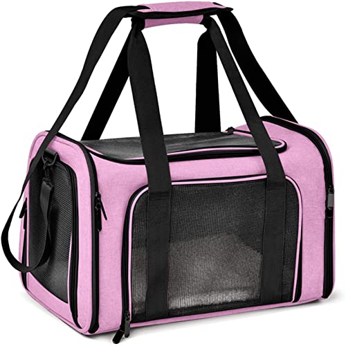 Treer Transporttasche für Haustiere, Transportbox für Hunde & Katzen, Faltbar Haustiertransportbox Einfache Leichte Reise Tragetasche Für Reisen im Flugzeug, Auto oder Zug (45x30x30CM,Rosa) von Treer