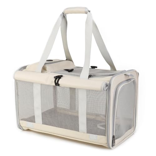 Treer Transporttasche für Haustiere, Transportbox für Hunde & Katzen, Faltbar Haustiertransportbox Einfache Leichte Reise Tragetasche Für Reisen im Flugzeug, Auto oder Zug (47x29x30CM,Beige) von Treer