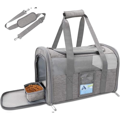 Treer Transporttasche für Haustiere, Transportbox für Hunde & Katzen, Faltbar Haustiertransportbox Einfache Leichte Reise Tragetasche Für Reisen im Flugzeug, Auto oder Zug (50x27x31CM,Grau) von Treer