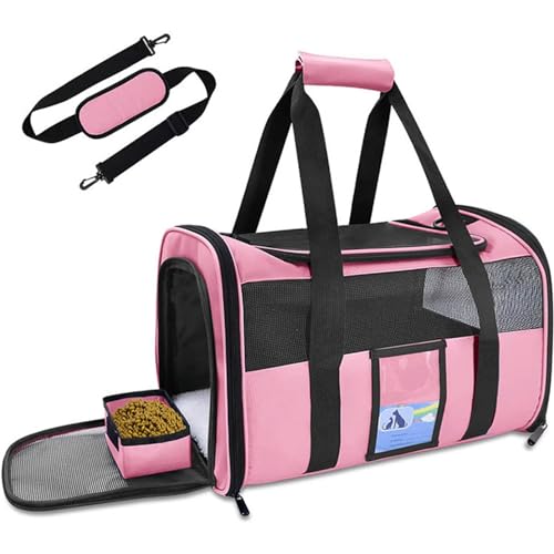 Treer Transporttasche für Haustiere, Transportbox für Hunde & Katzen, Faltbar Haustiertransportbox Einfache Leichte Reise Tragetasche Für Reisen im Flugzeug, Auto oder Zug (50x27x31CM,Rosa) von Treer