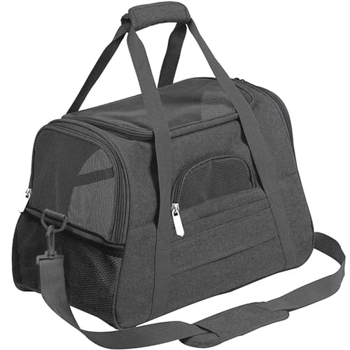 Treer Transporttasche für Haustiere, Transportbox für Hunde & Katzen, Faltbar Haustiertransportbox Einfache Leichte Reise Tragetasche Für Reisen im Flugzeug, Auto oder Zug (52x25x35CM,Schwarz) von Treer