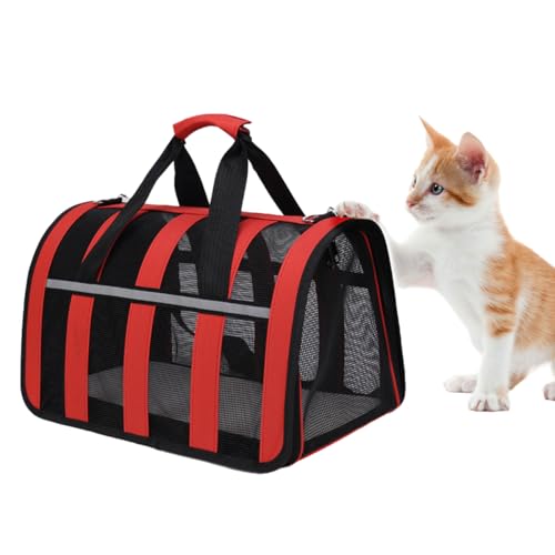 Treer Transporttasche für Haustiere, Transportbox für Hunde & Katzen, Faltbar Haustiertransportbox Leichte Reise Tragetasche Für Reisen im Flugzeug, Auto oder Zug (33 * 25 * 22cm,Rot) von Treer