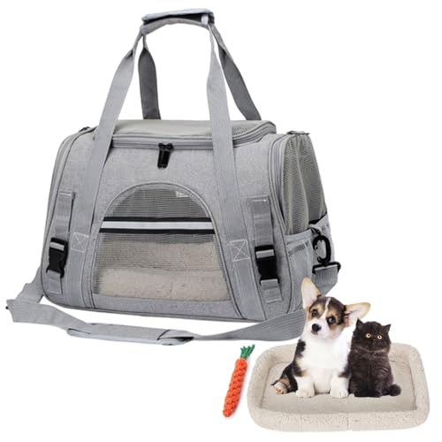 Treer Transporttasche für Haustiere, Transportbox für Hunde & Katzen, Faltbar Haustiertransportbox Leichte Reise Tragetasche für Reisen im Flugzeug Auto Oder Zug (44x25x28cm,Grau) von Treer