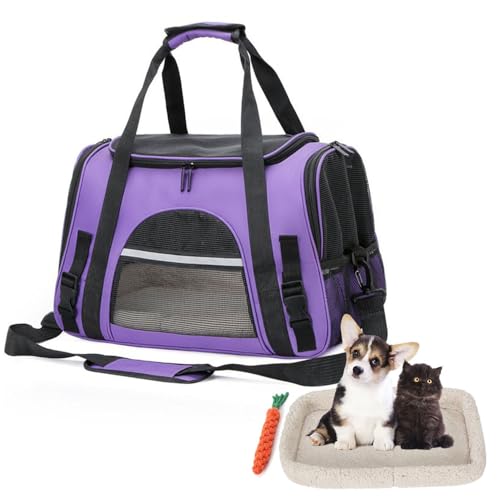 Treer Transporttasche für Haustiere, Transportbox für Hunde & Katzen, Faltbar Haustiertransportbox Leichte Reise Tragetasche für Reisen im Flugzeug Auto Oder Zug (44x25x28cm,Lila) von Treer