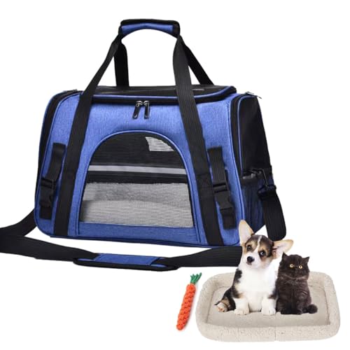 Treer Transporttasche für Haustiere, Transportbox für Hunde & Katzen, Faltbar Haustiertransportbox Leichte Reise Tragetasche für Reisen im Flugzeug Auto Oder Zug (44x25x28cm,Marineblau) von Treer