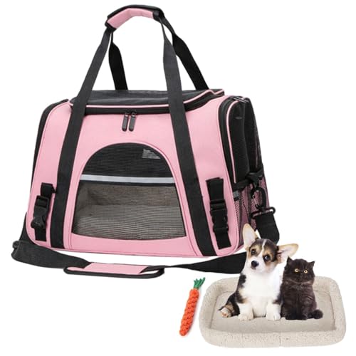 Treer Transporttasche für Haustiere, Transportbox für Hunde & Katzen, Faltbar Haustiertransportbox Leichte Reise Tragetasche für Reisen im Flugzeug Auto Oder Zug (44x25x28cm,Rosa) von Treer