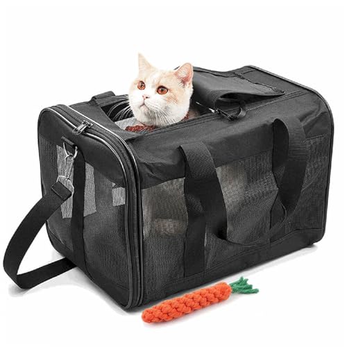 Treer Transporttasche für Haustiere, Transportbox für Hunde & Katzen, Faltbar Haustiertransportbox Leichte Reise Tragetasche für Reisen im Flugzeug Auto Oder Zug (L 48x30x30cm,Schwarz) von Treer