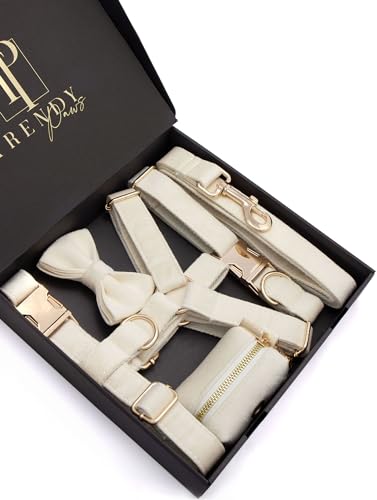 Hunde-Set aus Samt, milchig weiß, luxuriöses Outfit mit süßem Halsband, Brustgeschirr, Leine, maßgeschneidert für kleine, mittelgroße und große Rassen, komplett mit stylischer Fliege und exklusivem Hunde-Set aus Samt, milchig weiß, luxuriöses Outfit mit süßem Halsband, Brustgeschirr, Leine, maßgeschneidert für kleine, mittelgroße und große Rassen, komplett mit stylischer Fliege und exklusivem von Trendy Paws