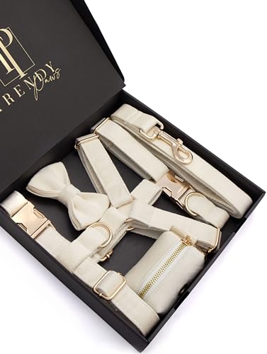 Hunde-Set aus Samt, milchig-weiß, luxuriöses Outfit mit süßem Halsband, Brustgeschirr, Leine, maßgeschneidert für kleine, mittelgroße und große Rassen, komplett mit stylischer Fliege und exklusivem Hunde-Set aus Samt, milchig-weiß, luxuriöses Outfit mit süßem Halsband, Brustgeschirr, Leine, maßgeschneidert für kleine, mittelgroße und große Rassen, komplett mit stylischer Fliege und exklusivem von Trendy Paws