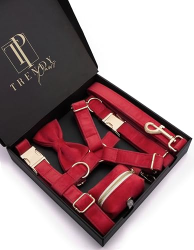 Hunde-Set aus rotem Samt, luxuriöses Outfit mit süßem Halsband, verstellbarer Brustgeschirr, Leine, maßgeschneidert für kleine, mittelgroße und große Rassen, komplett mit einer stilvollen Fliege und Hunde-Set aus rotem Samt, luxuriöses Outfit mit süßem Halsband, verstellbarer Brustgeschirr, Leine, maßgeschneidert für kleine, mittelgroße und große Rassen, komplett mit einer stilvollen Fliege und von Trendy Paws