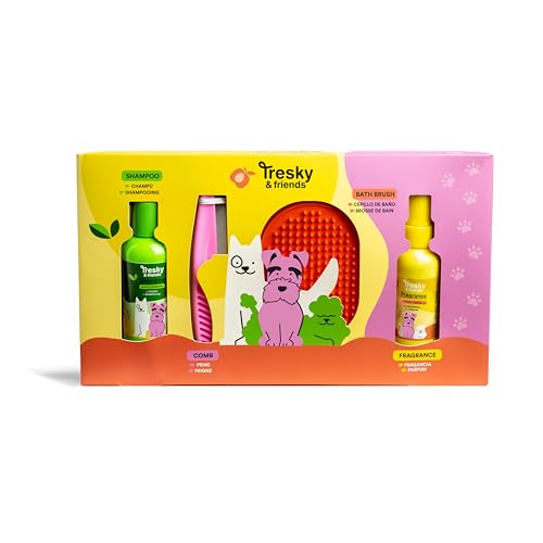 Tresky & Friends Gift Set 4 Stück für Hunde – Shampoo 120 ml, Duft 70 ml, Kamm und Badebürste – komplettes Pflege-Set für Fell und Haut von Tresky & Friends