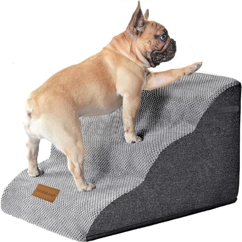 Breiter Hundetreppe 3 Stufen 30cm hoch für Kleine Hunde, Hochdichtem Schaumstoff Haustiertreppe, Waschbarem Bezug und Rutschfestem Boden, 32x60x30cm von Trhillsbrad