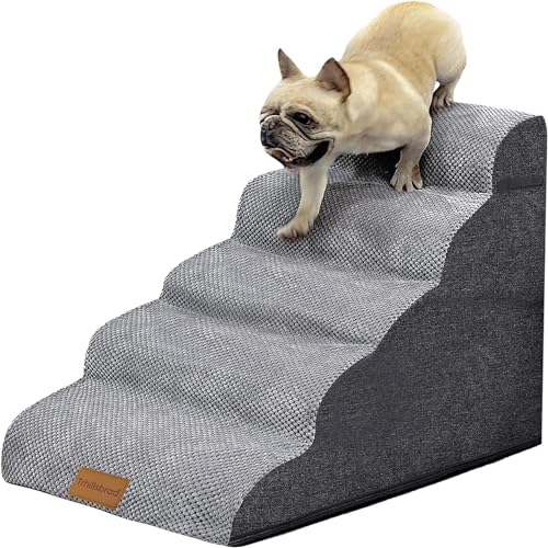 Breiter Hundetreppe 5 Stufen 62cm hoch für Kleine Hunde, Hochdichtem Schaumstoff Haustiertreppe, Waschbarem Bezug und Rutschfestem Boden von Trhillsbrad