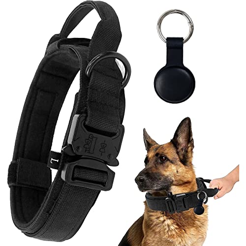 Verstellbare Airtag Hundehalsbandhalter Robuste Kontrollgriff, Taktisches Hundehalsband mit Airtag Metallschnalle für Mittlere Große Hunde,Hundehalsband breit 3.8CM, Nylon (XL, Schwarz) von Trhillsbrad