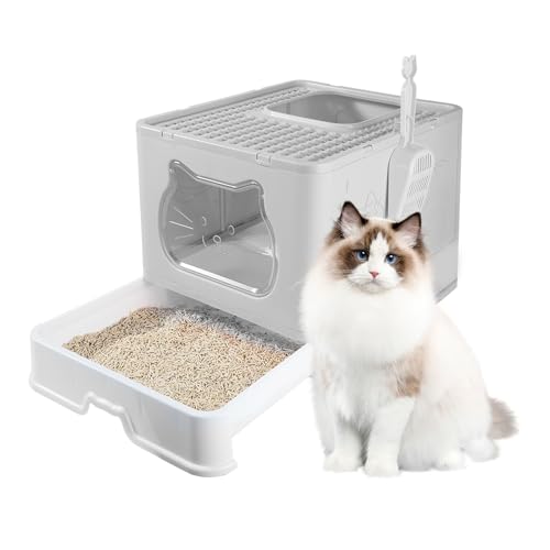 Trintion Katzentoilette mit Haube, große, faltbare Katzentoilette, mit ausziehbarer Schale und Schaufel, geschlossene Katzentoilette mit hohen Seiten, Schubladentyp mit Katzentoilette an der Vordertür von Trintion