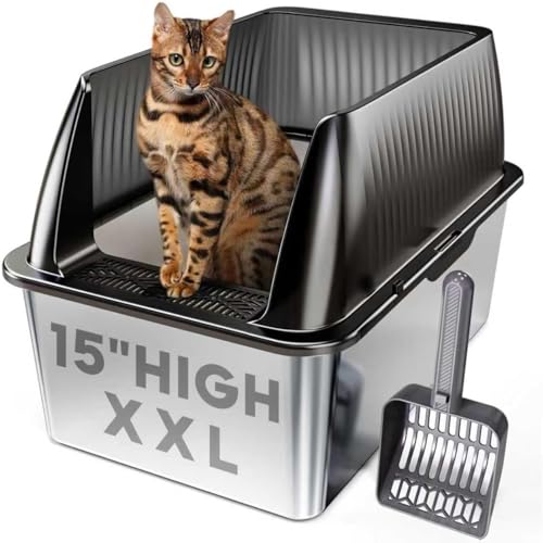 Tripamin 38,1 cm XL Edelstahl Katzentoilette Gehege XXL Edelstahl Hohe Seiten mit Deckel Extra Große Metall Katzentoilette (Translucent Black, XX-Large) von Tripamin