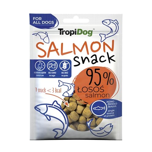 Monoprotein-Hundesnack mit 95% Lachs, getreidefrei, zuckerfrei & ohne Konservierungsstoffe. Ideal für Training & Spaziergänge, unterstützt Mundhygiene – TropiDog Snack Salmon 70g Monoprotein-Hundesnack mit 95% Lachs, getreidefrei, zuckerfrei & ohne Konservierungsstoffe. Ideal für Training & Spaziergänge, unterstützt Mundhygiene – TropiDog Snack Salmon 70g von TropiDog