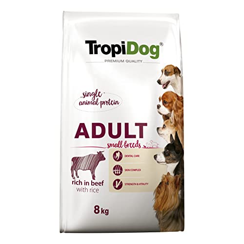 Premium Trockenfutter komplett für Hunde reich an Rindfleisch mit Reis für ausgewachsene kleine Hunde 8 kg von TropiDog