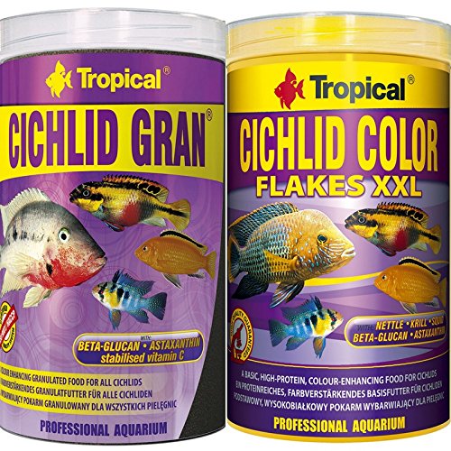 Tropical 1 Liter Cichlid Gran + 1 Liter Cichlid Color Flocken XXL Doppelpack 2 er Set Cichlid Malawi Fischfutter von Tropical