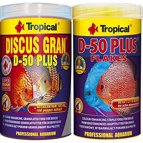 Tropical 1 Liter Discus Gran D - 50 Plus + 1 Liter Discus Flocken D- 50 2 er Set Diskus Fischfutter von Tropical