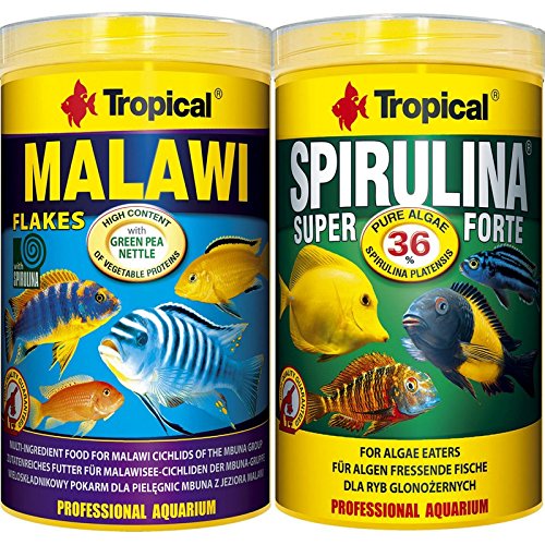Tropical 1 Liter Spirulina Forte 36% + 1 Liter Malawi Flocken Doppelpack 2 er Set Cichlid Malawi Fischfutter+ Gratis Futterproben von Tropical