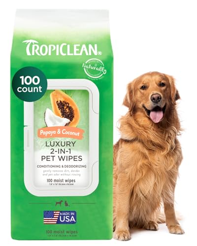 TropiClean Tiefenreinigungstücher für Haustiere, 100 Stück, desodorierende Tücher für Hunde und Katzen, entfernt sanft Schmutz, Schuppen und Gerüche – für Haustierpfoten, Gesicht, Körper und Hintern – tropischer Papaya und Kokosnussduft TropiClean Tiefenreinigungstücher für Haustiere, 100 Stück, desodorierende Tücher für Hunde und Katzen, entfernt sanft Schmutz, Schuppen und Gerüche – für Haustierpfoten, Gesicht, Körper und Hintern – tropischer Papaya und Kokosnussduft von Tropiclean