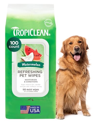 TropiClean Wassermelonen-Hunde-Tücher für Pfoten und Hintern, Tiefenreinigungstücher, sicher für das Gesicht, katzenfreundlich, 100 Stück TropiClean Wassermelonen-Hunde-Tücher für Pfoten und Hintern, Tiefenreinigungstücher, sicher für das Gesicht, katzenfreundlich, 100 Stück von Tropiclean