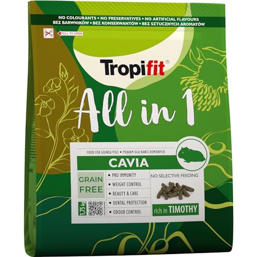 Tropifit All in 1 Cavia 1,75kg - Futter für Meerschweinchen – extrudiertes Alleinfutter Getreidefrei, Ballaststoffreich – Mit Wiesengras, Kräutern & Ringelblumenblüten von Tropifit