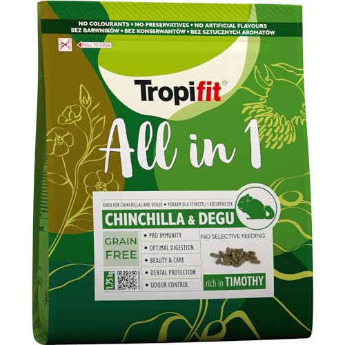 Tropifit All in 1 Chinchila & Degu 1,75kg - Futter für Chinchillas und Degus – extrudiertes Alleinfutter Getreidefrei, Ballaststoffreich – Mit Wiesengras, Kräutern & Flohsamen von Tropifit