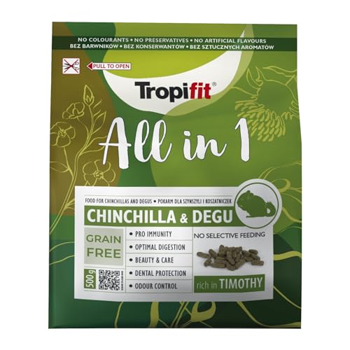 Tropifit All in 1 Chinchila & Degu 500g - Futter für Chinchillas und Degus – extrudiertes Alleinfutter Getreidefrei, Ballaststoffreich – Mit Wiesengras, Kräutern & Flohsamen von Tropifit