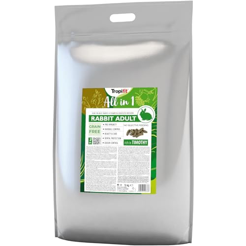 Tropifit All in 1 Rabbit Adult 5kg – Futter für ausgewachsene Kaninchen – extrudiertes Alleinfutter Getreidefrei, Ballaststoffreich mit Wiesengras und Kräutern von Tropifit