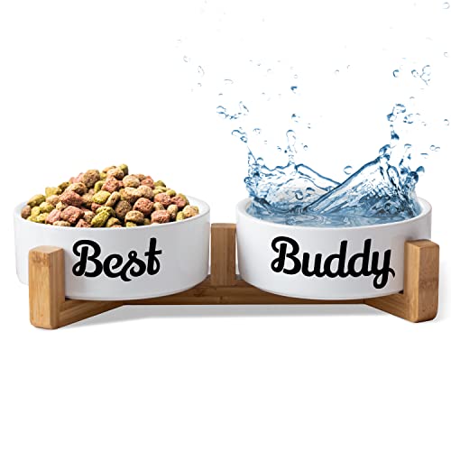 Hundenapf Keramik Doppelnapf Hund Katze: „Best Buddy“ | Napf-Set mit/ohne Ständer| Futternapf Fressnapf Trinknapf für große kleine mittelgroße Hunde Katzen Futterstation (2X 1300ml, Gestell) von True Statements