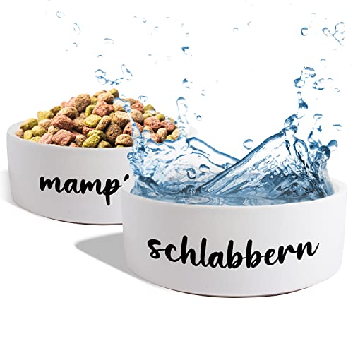 Hundenapf Keramik Doppelnapf Hund Katze: „Mampfen + Schlabbern“ | Napf-Set mit/ohne Ständer| Futternapf Fressnapf Trinknapf für große kleine mittelgroße Hunde Katzen Futterstation (2X 1300ml) von True Statements