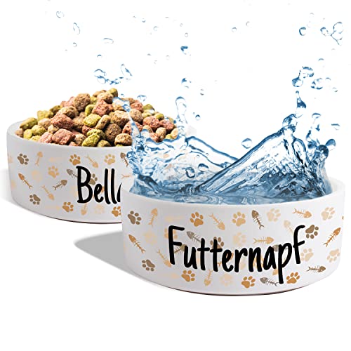 Keramik Doppel-Napf mit Namen oder Wunschtext „Katzen-Icons“ - personalisiertes Napf-Set mit/ohne Ständer | Futternapf Fressnapf | große kleine Vierbeiner Futterstation Katzen (2X 500ml) von True Statements