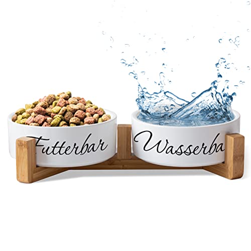 Keramik Doppelnapf „Wunschtext 1-zeilig“ für Hunde & Katzen - personalisiertes Napf-Set mit/ohne Ständer| Hundenapf Futternapf Fressnapf | große kleine Vierbeiner Futterstation (2X 500ml, Gestell) von True Statements