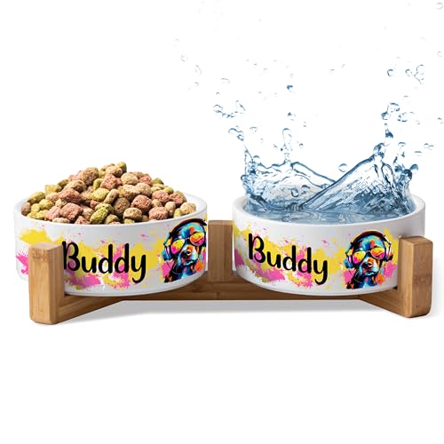 Keramik Doppelnapf personalisierbar mit 17 Hunde & Katzen Motiven & Namen - Napf-Set mit/ohne Ständer | Futter-Napf Fressnapf | große kleine Futterstation (2X 1300ml, Gestell) von True Statements