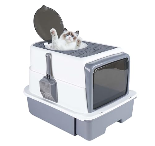 Truevaste Katzenklo XL 50x35x35, Katzentoilette mit Deckel, Geschlossenes Katzenklo mit 2 Eingänge, Katzenklo Schaufel, Fellpflege-Ring und Geruchsentferner-Beutel, Ideal für Kleine Mittelgroße Katzen von Truevaste