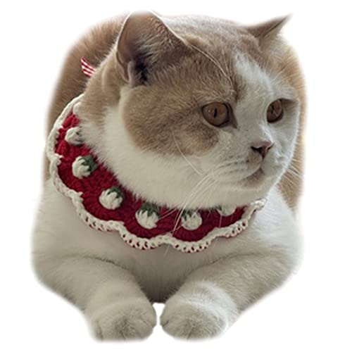 Haustier-Halsbänder, gestrickt, Erdbeer-Schleife, Cosplay, handgefertigt, warm, Katzen-Lätzchen für Weihnachten, Party, Anti-Verlust, Dekoration, Weiß, Erdbeere, XL von Tsangbaby