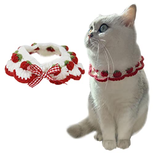 Haustier-Halsbänder, gestrickt, Erdbeer-Schleife, Cosplay, handgefertigt, warm, Katzen-Lätzchen für Weihnachten, Party, Anti-Verlust, Dekoration, rote Erdbeere, XL von Tsangbaby