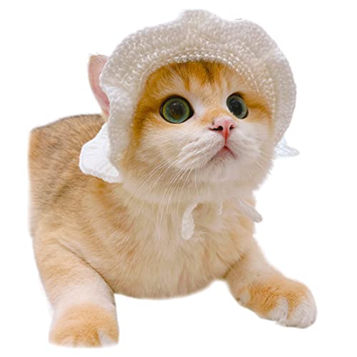 Haustier-Kopfbedeckung, Katzen-Strick, Sonnenhut, Cosplay-Mütze, niedliche Kopfbedeckung mit Ohrloch für Fotodekoration, Weiß, Größe M (geeignet für erwachsene Katzen) von Tsangbaby