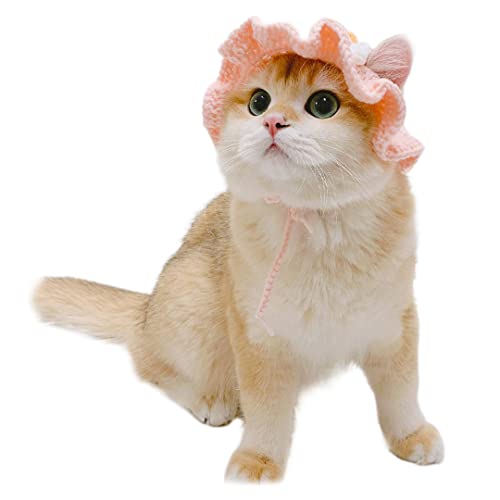 Haustier-Kopfbedeckung, Katzen-Strick, Sonnenhut, Cosplay-Mütze, niedliche Kopfbedeckung mit Ohrloch für Fotodekoration, rosa Blume, Größe M (geeignet für erwachsene Katzen) von Tsangbaby