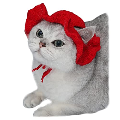 Haustier-Kopfbedeckung, Katzen-Strick, Sonnenhut, Cosplay-Mütze, niedliche Kopfbedeckung mit Ohrloch für Fotodekoration, rot, Größe M (geeignet für erwachsene Katzen) von Tsangbaby