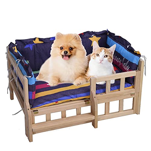 Hundebett Katzen- und Hundebett aus Holz, erhöhtes Haustierbett mit Zaun und Treppe, erhöhtes Hundehaus, Haustier-Schlafsofa, Couch mit Bettwäsche für kleine Hunde, Haustier, Katze für Hunde, Haustier, Katze von TsoLay